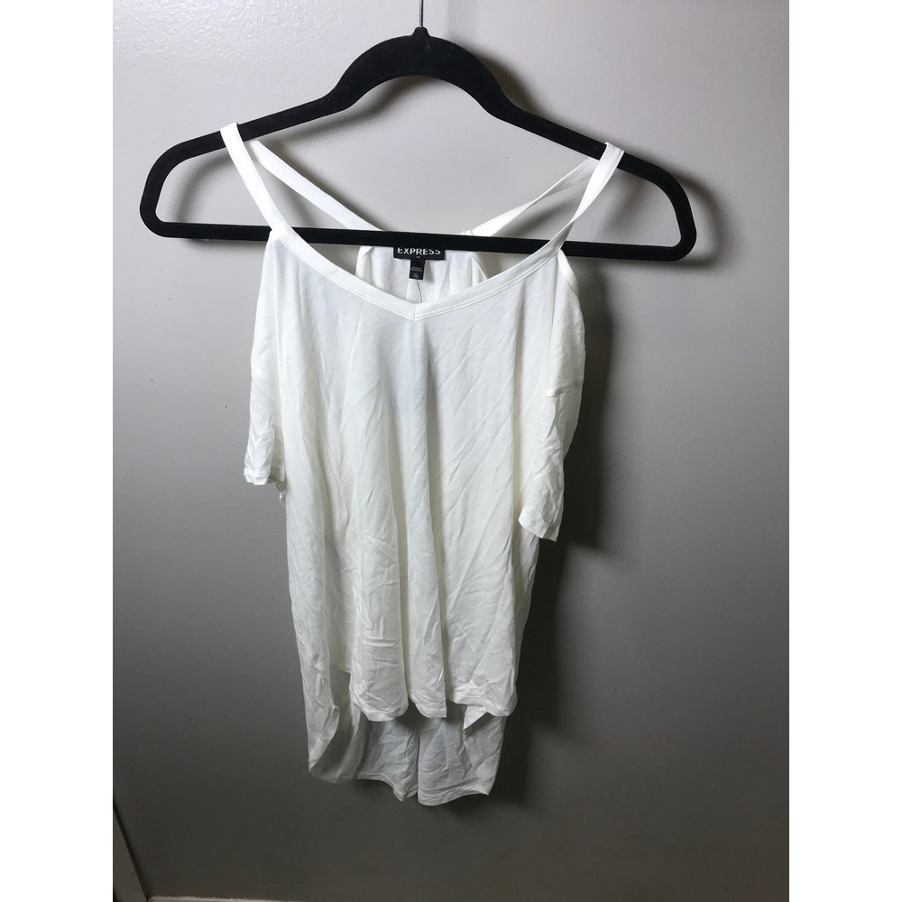Express Womens White Cold Shoulder V-Neck High-low Top XL  Back Cotton Blen